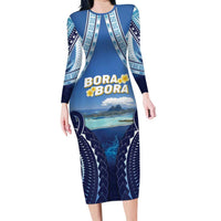 Personalised French Polynesia Bora Bora Family Matching Long Sleeve Bodycon Dress and Hawaiian Shirt Beach Landscape Polynesian Style LT05 Mom's Dress Blue - Polynesian Pride