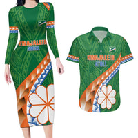Personalised Marshall Islands Kwajalein Atoll Couples Matching Long Sleeve Bodycon Dress and Hawaiian Shirt Polynesian Tribal Tattoo LT05 Green - Polynesian Pride