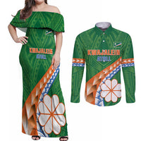 Personalised Marshall Islands Kwajalein Atoll Couples Matching Off Shoulder Maxi Dress and Long Sleeve Button Shirt Polynesian Tribal Tattoo LT05 Green - Polynesian Pride