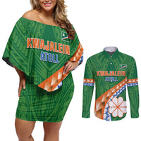 Personalised Marshall Islands Kwajalein Atoll Couples Matching Off Shoulder Short Dress and Long Sleeve Button Shirt Polynesian Tribal Tattoo LT05 Green - Polynesian Pride