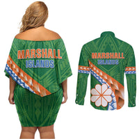 Personalised Marshall Islands Kwajalein Atoll Couples Matching Off Shoulder Short Dress and Long Sleeve Button Shirt Polynesian Tribal Tattoo LT05 - Polynesian Pride