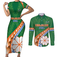 Personalised Marshall Islands Kwajalein Atoll Couples Matching Short Sleeve Bodycon Dress and Long Sleeve Button Shirt Polynesian Tribal Tattoo LT05 Green - Polynesian Pride