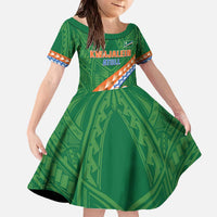 Personalised Marshall Islands Kwajalein Atoll Family Matching Off The Shoulder Long Sleeve Dress and Hawaiian Shirt Polynesian Tribal Tattoo LT05 Daughter's Dress Green - Polynesian Pride