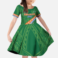 Personalised Marshall Islands Kwajalein Atoll Family Matching Off Shoulder Maxi Dress and Hawaiian Shirt Polynesian Tribal Tattoo LT05 Daughter's Dress Green - Polynesian Pride