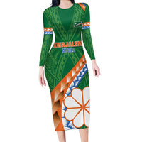 Personalised Marshall Islands Kwajalein Atoll Long Sleeve Bodycon Dress Polynesian Tribal Tattoo LT05 Long Dress Green - Polynesian Pride