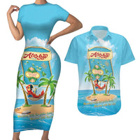 Aloha Hawaii Couples Matching Short Sleeve Bodycon Dress and Hawaiian Shirt Funny Macaw Parrot Tropical Vibe LT05 Blue - Polynesian Pride
