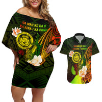 Personalised Hawaii State Motto Couples Matching Off Shoulder Short Dress and Hawaiian Shirt Hawaiian Tribal Reggae Hammerhead Shark LT05 Reggae - Polynesian Pride