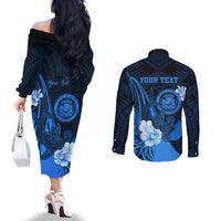 Personalised Hawaii State Motto Couples Matching Off The Shoulder Long Sleeve Dress and Long Sleeve Button Shirt Hawaiian Tribal Blue Hammerhead Shark LT05 - Polynesian Pride