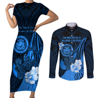 Personalised Hawaii State Motto Couples Matching Short Sleeve Bodycon Dress and Long Sleeve Button Shirt Hawaiian Tribal Blue Hammerhead Shark LT05 Blue - Polynesian Pride