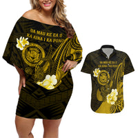 Personalised Hawaii State Motto Couples Matching Off Shoulder Short Dress and Hawaiian Shirt Hawaiian Tribal Gold Hammerhead Shark LT05 Gold - Polynesian Pride