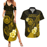 Personalised Hawaii State Motto Couples Matching Summer Maxi Dress and Hawaiian Shirt Hawaiian Tribal Gold Hammerhead Shark LT05 Gold - Polynesian Pride