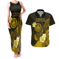 Personalised Hawaii State Motto Couples Matching Tank Maxi Dress and Hawaiian Shirt Hawaiian Tribal Gold Hammerhead Shark LT05 Gold - Polynesian Pride