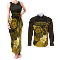 Personalised Hawaii State Motto Couples Matching Tank Maxi Dress and Long Sleeve Button Shirt Hawaiian Tribal Gold Hammerhead Shark LT05 Gold - Polynesian Pride