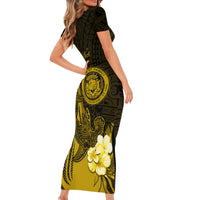 Personalised Hawaii State Motto Short Sleeve Bodycon Dress Hawaiian Tribal Gold Hammerhead Shark LT05 - Polynesian Pride