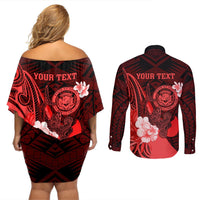 Personalised Hawaii State Motto Couples Matching Off Shoulder Short Dress and Long Sleeve Button Shirt Hawaiian Tribal Red Hammerhead Shark LT05 - Polynesian Pride