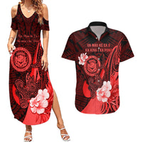 Personalised Hawaii State Motto Couples Matching Summer Maxi Dress and Hawaiian Shirt Hawaiian Tribal Red Hammerhead Shark LT05 Red - Polynesian Pride