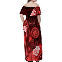 Personalised Hawaii State Motto Family Matching Off Shoulder Maxi Dress and Hawaiian Shirt Hawaiian Tribal Red Hammerhead Shark LT05 - Polynesian Pride