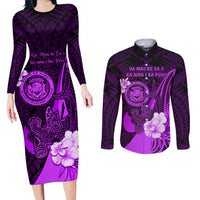 Personalised Hawaii State Motto Couples Matching Long Sleeve Bodycon Dress and Long Sleeve Button Shirt Hawaiian Tribal Purple Hammerhead Shark LT05 Purple - Polynesian Pride