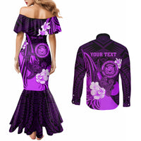 Personalised Hawaii State Motto Couples Matching Mermaid Dress and Long Sleeve Button Shirt Hawaiian Tribal Purple Hammerhead Shark LT05 - Polynesian Pride