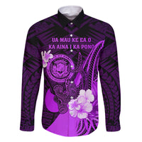 Personalised Hawaii State Motto Family Matching Off Shoulder Short Dress and Hawaiian Shirt Hawaiian Tribal Purple Hammerhead Shark LT05 Dad's Shirt - Long Sleeve Purple - Polynesian Pride