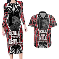 Aotearoa Waitangi Day Couples Matching Long Sleeve Bodycon Dress and Hawaiian Shirt Maori Warrior Tribal Tattoo LT05 Black - Polynesian Pride