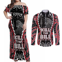 Aotearoa Waitangi Day Couples Matching Off Shoulder Maxi Dress and Long Sleeve Button Shirt Maori Warrior Tribal Tattoo LT05 Black - Polynesian Pride