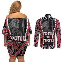 Aotearoa Waitangi Day Couples Matching Off Shoulder Short Dress and Long Sleeve Button Shirt Maori Warrior Tribal Tattoo LT05 - Polynesian Pride