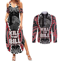 Aotearoa Waitangi Day Couples Matching Summer Maxi Dress and Long Sleeve Button Shirt Maori Warrior Tribal Tattoo LT05 Black - Polynesian Pride