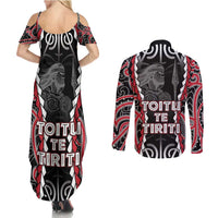 Aotearoa Waitangi Day Couples Matching Summer Maxi Dress and Long Sleeve Button Shirt Maori Warrior Tribal Tattoo LT05 - Polynesian Pride