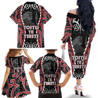 Aotearoa Waitangi Day Family Matching Off The Shoulder Long Sleeve Dress and Hawaiian Shirt Maori Warrior Tribal Tattoo LT05 - Polynesian Pride