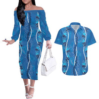 Hawaii Maile Lei Couples Matching Off The Shoulder Long Sleeve Dress and Hawaiian Shirt With Blue Monstera Pattern