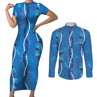 Hawaii Maile Lei Couples Matching Short Sleeve Bodycon Dress and Long Sleeve Button Shirt With Blue Monstera Pattern