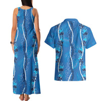 Hawaii Maile Lei Couples Matching Tank Maxi Dress and Hawaiian Shirt With Blue Monstera Pattern