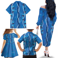 Hawaii Maile Lei Family Matching Off The Shoulder Long Sleeve Dress and Hawaiian Shirt With Blue Monstera Pattern