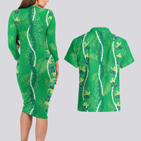 Hawaii Maile Lei Couples Matching Long Sleeve Bodycon Dress and Hawaiian Shirt With Green Monstera Pattern