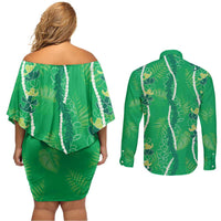 Hawaii Maile Lei Couples Matching Off Shoulder Short Dress and Long Sleeve Button Shirt With Green Monstera Pattern