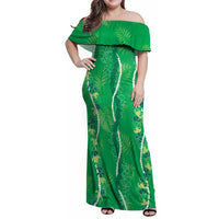 Hawaii Maile Lei Family Matching Off Shoulder Maxi Dress and Hawaiian Shirt With Green Monstera Pattern LT05 Mom's Dress Green - Polynesian Pride