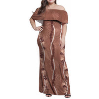 Hawaii Maile Lei Family Matching Off Shoulder Maxi Dress and Hawaiian Shirt With Brown Monstera Pattern LT05 Mom's Dress Brown - Polynesian Pride