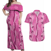 Hawaii Maile Lei Couples Matching Off Shoulder Maxi Dress and Hawaiian Shirt With Pink Monstera Pattern