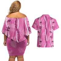 Hawaii Maile Lei Couples Matching Off Shoulder Short Dress and Hawaiian Shirt With Pink Monstera Pattern