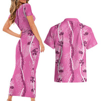 Hawaii Maile Lei Couples Matching Short Sleeve Bodycon Dress and Hawaiian Shirt With Pink Monstera Pattern