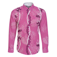 Hawaii Maile Lei Family Matching Off Shoulder Maxi Dress and Hawaiian Shirt With Pink Monstera Pattern LT05 Dad's Shirt - Long Sleeve Pink - Polynesian Pride