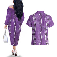 Hawaii Maile Lei Couples Matching Off The Shoulder Long Sleeve Dress and Hawaiian Shirt With Violet Monstera Pattern