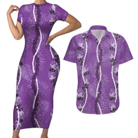 Hawaii Maile Lei Couples Matching Short Sleeve Bodycon Dress and Hawaiian Shirt With Violet Monstera Pattern