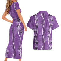 Hawaii Maile Lei Couples Matching Short Sleeve Bodycon Dress and Hawaiian Shirt With Violet Monstera Pattern
