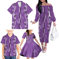 Hawaii Maile Lei Family Matching Off The Shoulder Long Sleeve Dress and Hawaiian Shirt With Violet Monstera Pattern