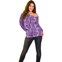 Hawaii Maile Lei Off Shoulder Sweater With Violet Monstera Pattern