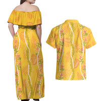 Hawaii Maile Lei Couples Matching Off Shoulder Maxi Dress and Hawaiian Shirt With Yellow Monstera Pattern