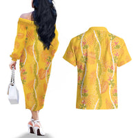 Hawaii Maile Lei Couples Matching Off The Shoulder Long Sleeve Dress and Hawaiian Shirt With Yellow Monstera Pattern