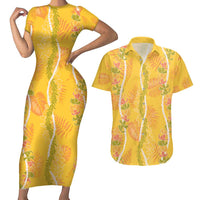 Hawaii Maile Lei Couples Matching Short Sleeve Bodycon Dress and Hawaiian Shirt With Yellow Monstera Pattern